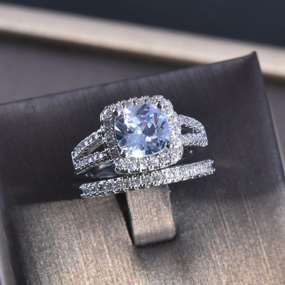 NEW 2PC/Set 925 Silver Cushion Diamond Halo Ring - Picture 4 of 6